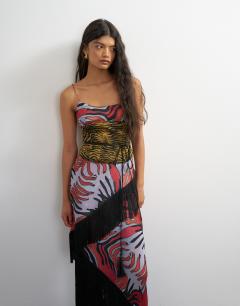Model wearing Premium satin burnout devore corset maxi dress with fringing detail in multi animal print