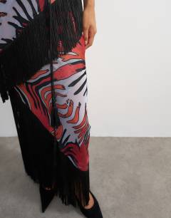 Model wearing Premium satin burnout devore corset maxi dress with fringing detail in multi animal print