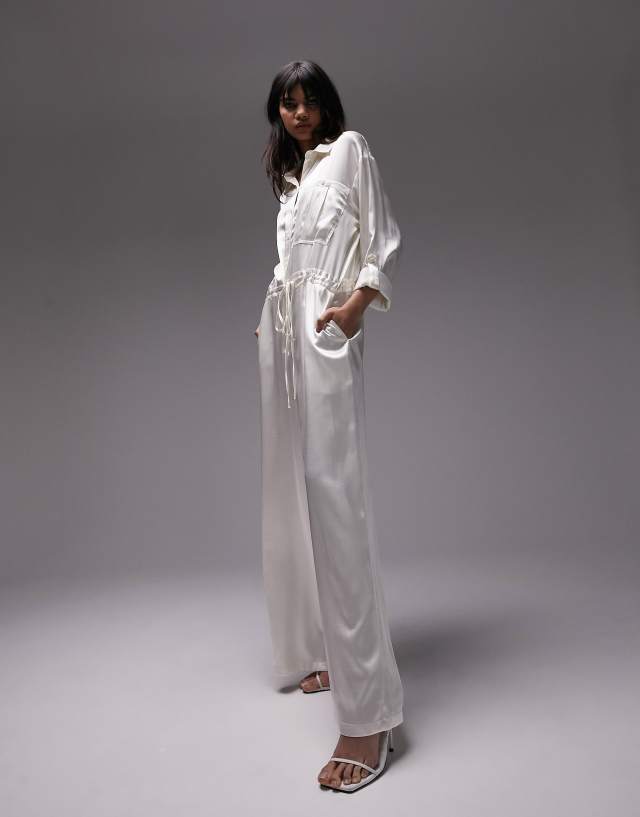 Topshop premium satin button down jumpsuit in cream