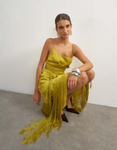 Premium satin corset maxi dress with fringing detail in olive