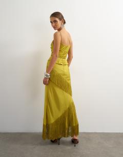 Model wearing Premium satin corset maxi dress with fringing detail in olive