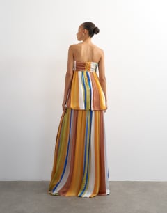 Model wearing Premium satin dropped waist bandeau maxi dress in stripe