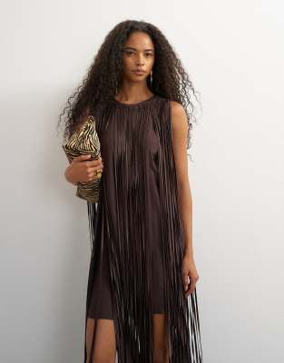 Topshop Premium Satin Fringed Maxi Dress In White