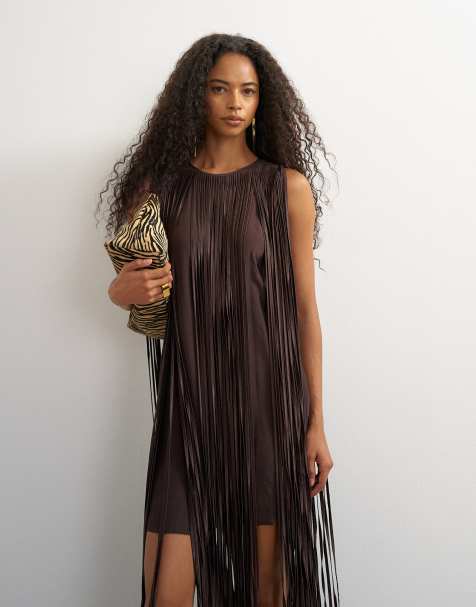Topshop premium satin fringed maxi dress in dark chocolate - view 1