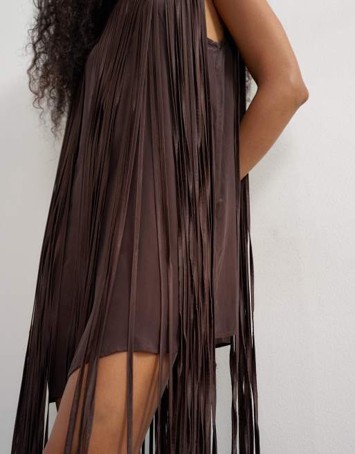 Topshop premium satin fringed maxi dress in dark chocolate, 2 of 4