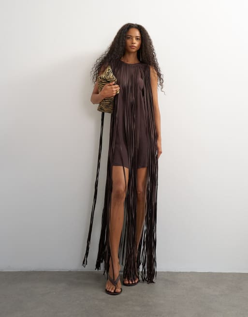 Topshop premium satin fringed maxi dress in dark chocolate, 3 of 4