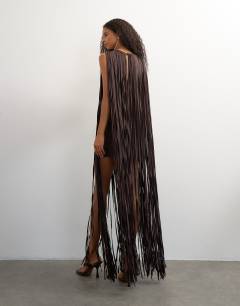 Model wearing Premium satin fringed maxi dress in dark chocolate