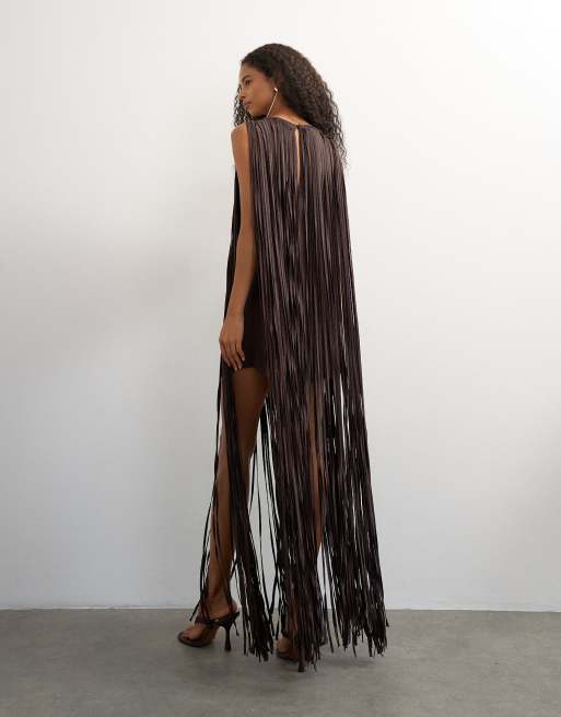 Topshop premium satin fringed maxi dress in dark chocolate, 4 of 4