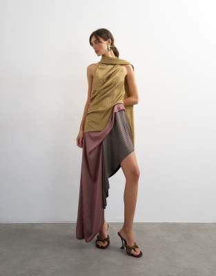 Topshop Premium Satin Halter Asymmetric Mini Dress With Scarf Detail In Purple