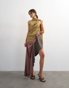 Premium satin halter asymmetric mini dress with scarf detail in geo scarf print