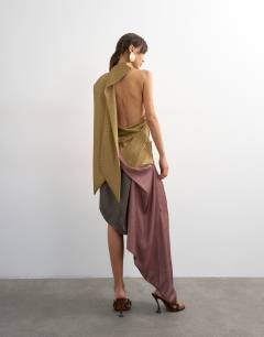 Model wearing Premium satin halter asymmetric mini dress with scarf detail in geo scarf print