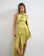 Topshop premium satin halter asymmetric mini dress with scarf detail in golden olive