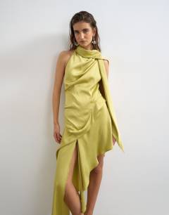Premium satin halter asymmetric mini dress with scarf detail in golden olive