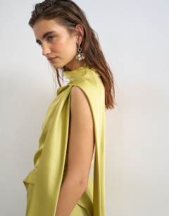 Model wearing Premium satin halter asymmetric mini dress with scarf detail in golden olive