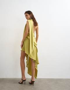 Model wearing Premium satin halter asymmetric mini dress with scarf detail in golden olive