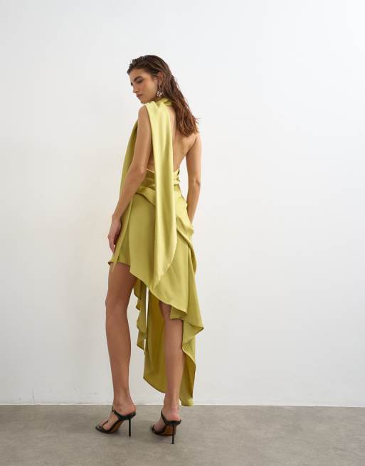 Topshop premium satin halter asymmetric mini dress with scarf detail in  golden olive | ASOS