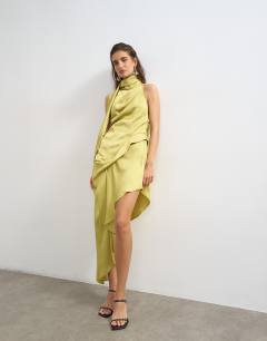 Model wearing Premium satin halter asymmetric mini dress with scarf detail in golden olive