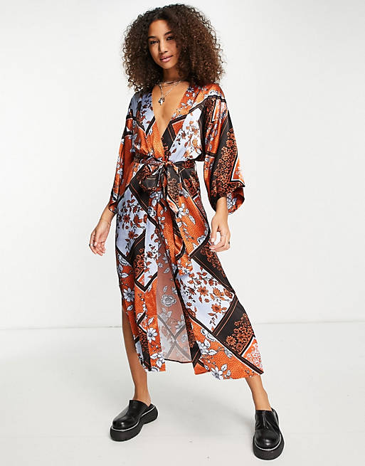 Topshop premium satin kimono dress in patchwork