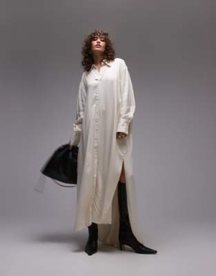 premium satin maxi shirt dress with step hem in ivory-White