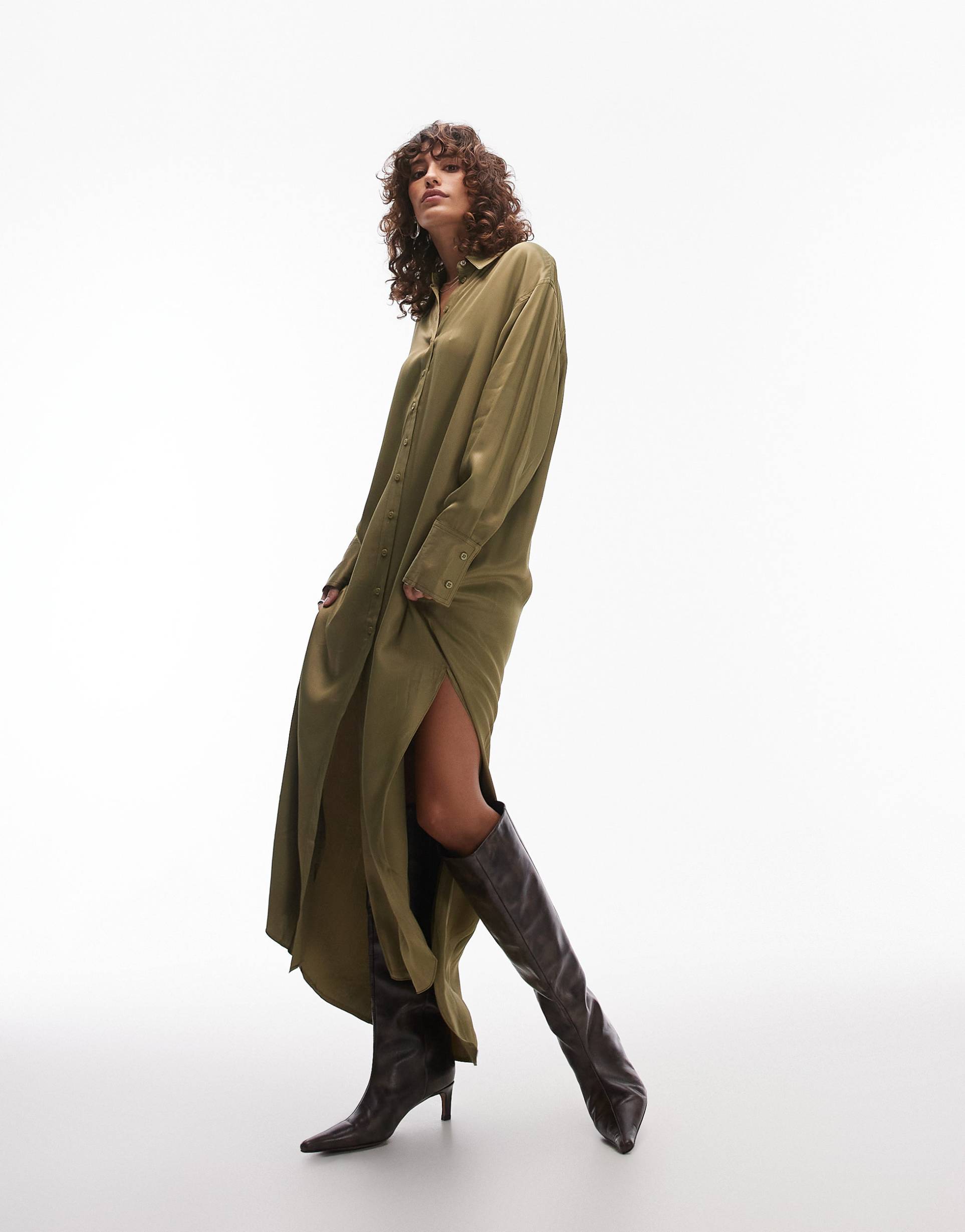 topshop premium satin maxi shirt dress with step hem in khaki