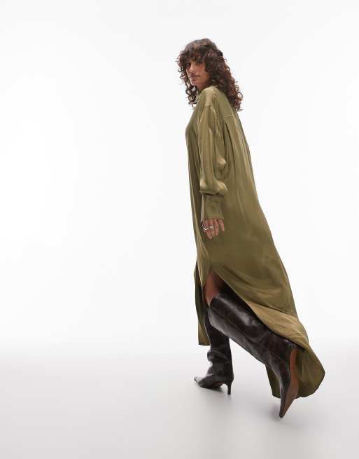 Topshop premium satin maxi shirt dress with step hem in khaki ASOS
