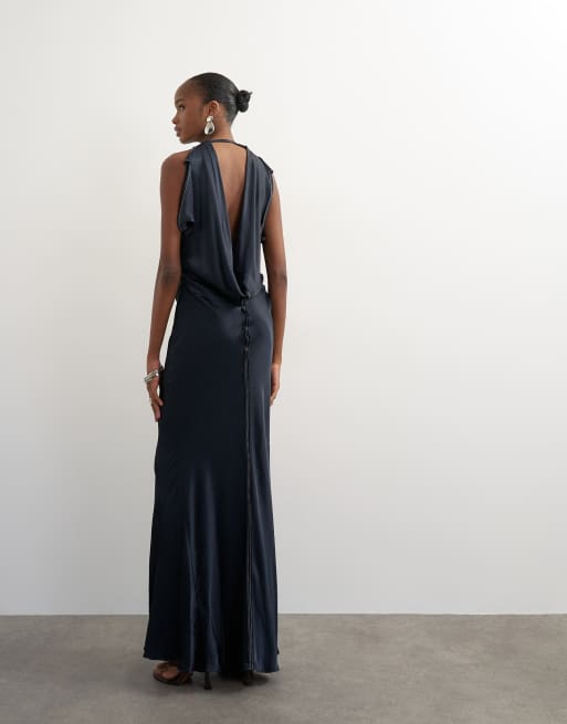 Topshop premium satin-maxiklänning i viskos med råa sömdetaljer i marinblått med ecrufärgade stickningar, 3 av 4