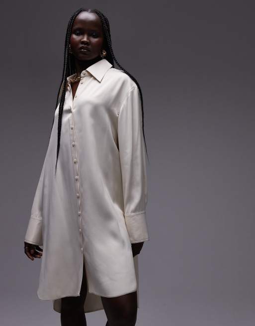 Topshop premium satin mini shirt dress with step hem in ivory White
