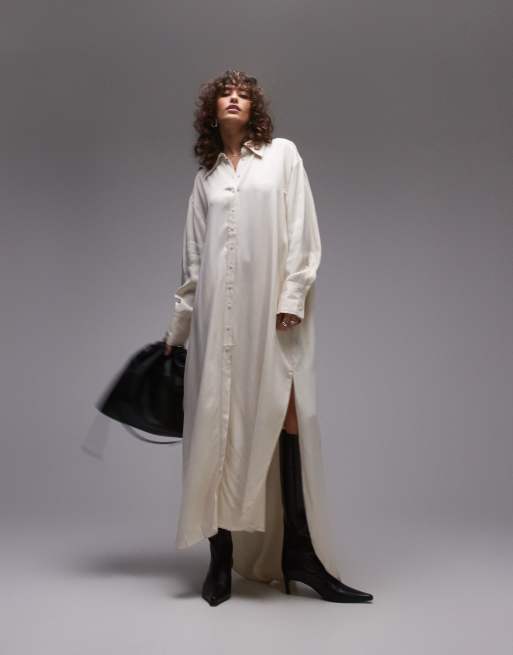 Topshop Premium – Satynowa sukienka koszulowa maxi z obniżonym tyłem w kolorze kości słoniowej