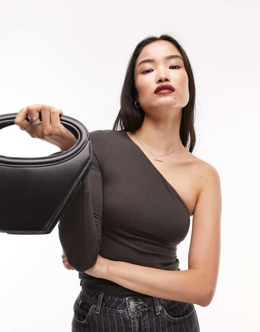 Topshop – Premium – Schlichtes Oberteil in Anthrazit mit One-Shoulder-Träger 