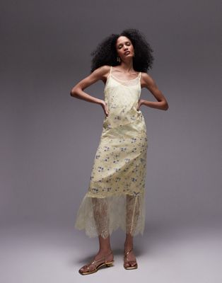 Topshop Premium Scoop Neck Lace Insert Midi Dress In Yellow Floral Print-multi