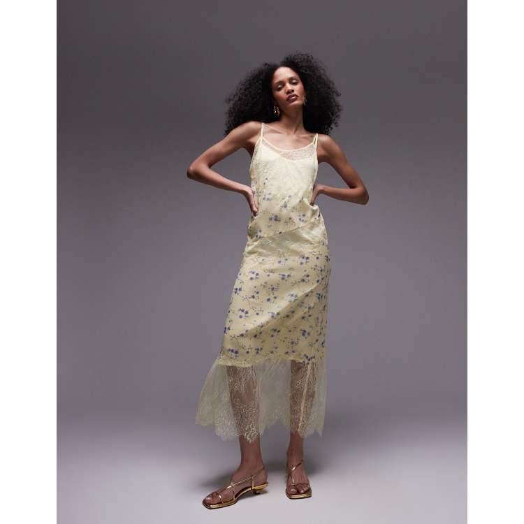 Topshop premium scoop neck lace insert midi dress with removable lining in  yellow floral print | ASOS