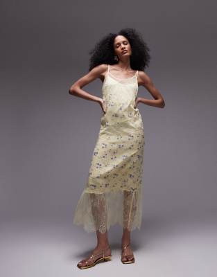 Topshop premium scoop neck lace insert midi dress with removeable lining in yellow floral print-Multi