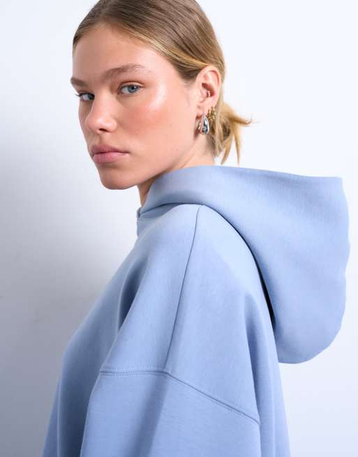 Topshop premium scuba oversized jeans grazer hoodie in blue, 3 of 4