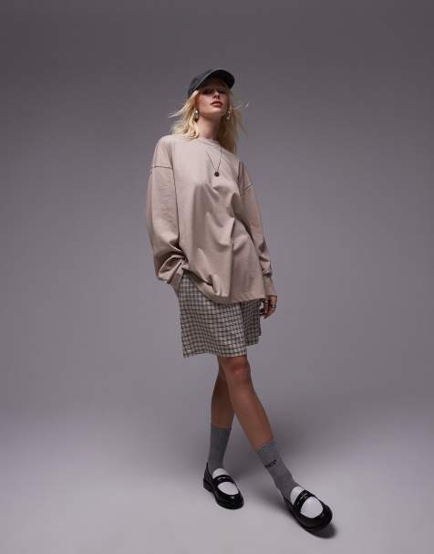 Topshop premium seam detail long sleeve skater tee in oat heather - view 1