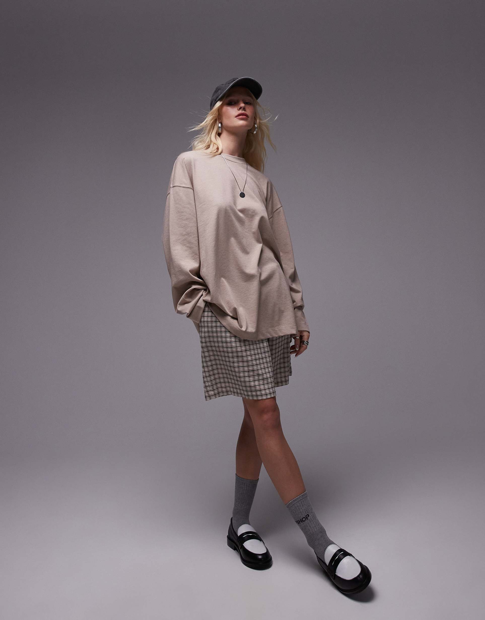 topshop premium seam detail long sleeve skater tee in oat heather