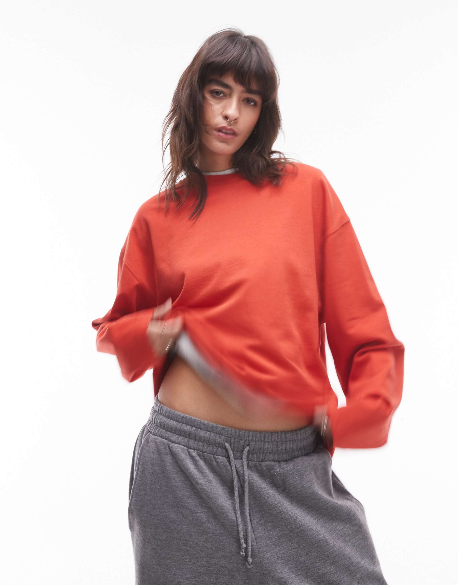 topshop premium seam detail long sleeve skater tee in rust red