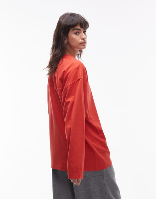 Topshop premium seam detail long sleeve skater tee in rust red