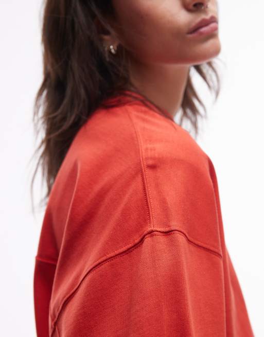 Topshop premium seam detail long sleeve skater tee in rust red