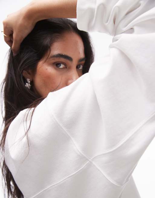 Topshop premium seam detail long sleeve skater tee in white