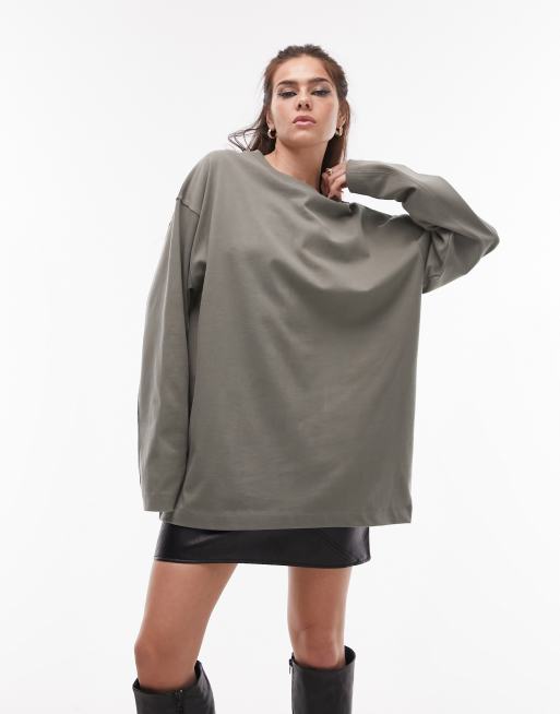 Topshop premium seam detail long sleeve skater top in khaki