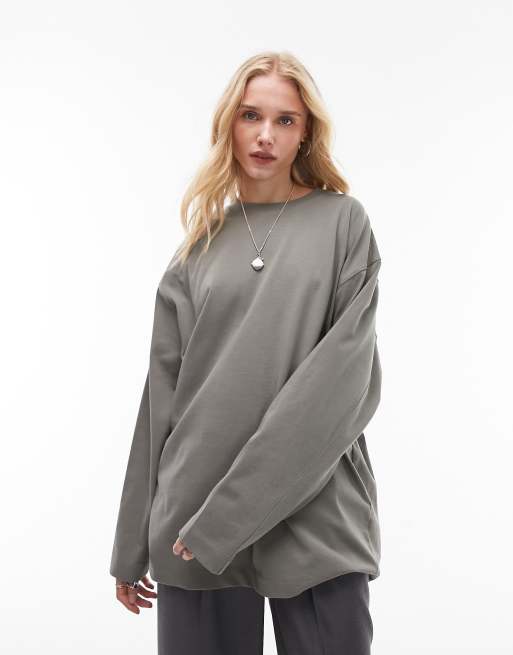 Topshop premium seam detail long sleeve skater top in khaki