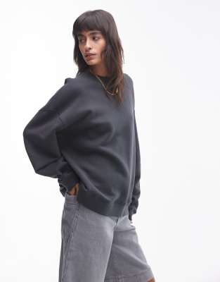 Topshop Premium Crew Neck Oversized Raglan Sweat In Slate-gray