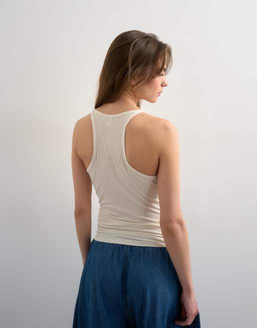Topshop premium semi sheer spaghetti strap scoop neck racer back tank top in ecru, 2 of 4