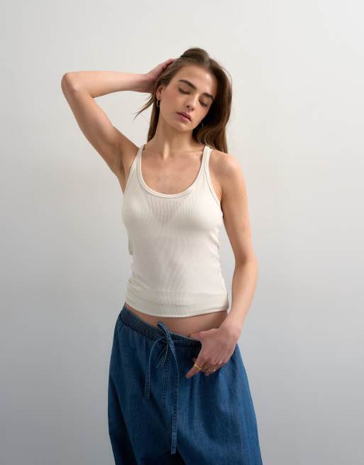 Topshop premium semi sheer spaghetti strap scoop racer singlet in ecru, 3 of 4