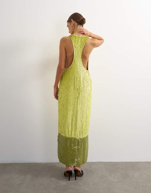 Topshop premium sequin embellished low scoop maxi dress with contrast deep in lime, 2 of 4