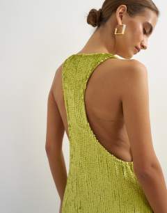 Model wearing Premium sequin embellished low scoop maxi dress with contrast deep in lime