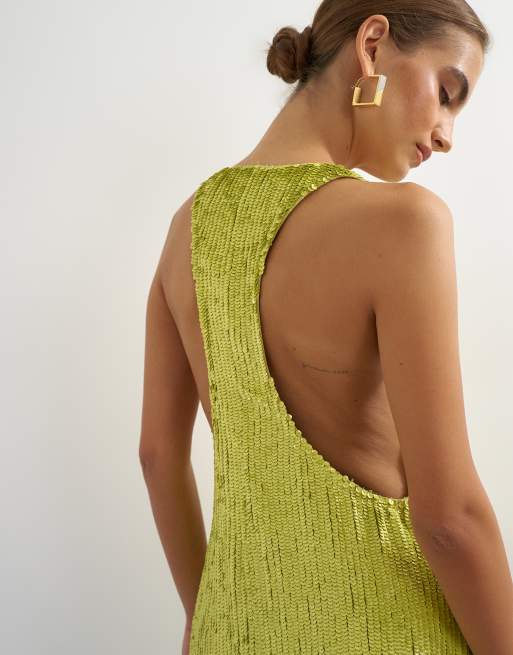 Topshop premium sequin embellished low scoop maxi dress with contrast deep in lime, 3 of 4