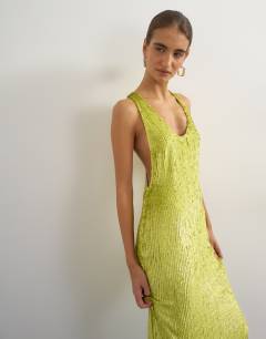 Model wearing Premium sequin embellished low scoop maxi dress with contrast deep in lime