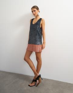 Model wearing Premium sequin embellished low scoop mini dress with contrast deep in gunmetal and peach