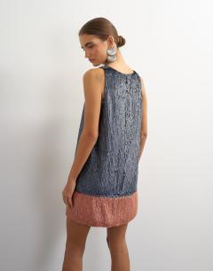 Model wearing Premium sequin embellished low scoop mini dress with contrast deep in gunmetal and peach